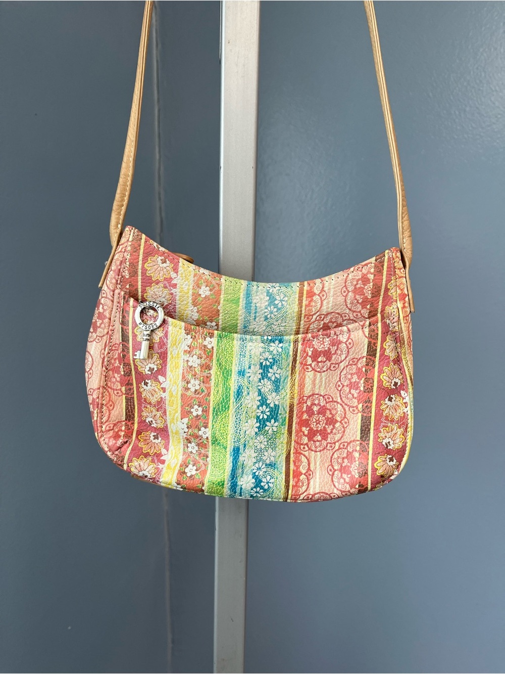 Fossil Leather Striped Floral Shoulder Bag